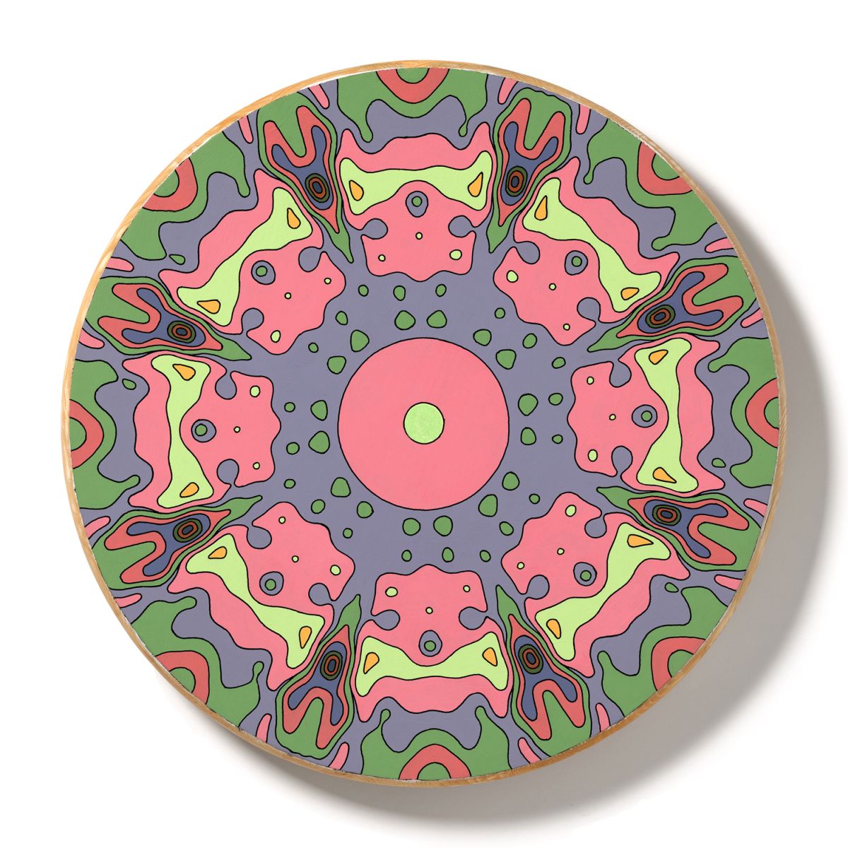 <br/>Cabrillo Bedrock, 2023<br/>18" diameter<br/>acrylic, opaque marker and glitter on wood